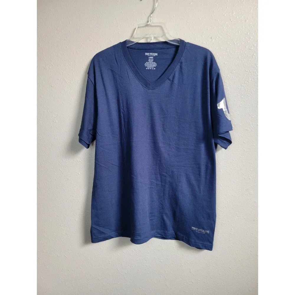 True Religion T‎ Shirt Men's Blue Silver Gold V-Neck Casual Comfortable Sz L